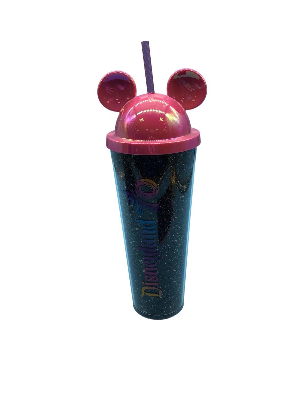 Starbucks Disneyland 70 Tumbler Pink Mickey Ears Black Glitter Straw Plastic